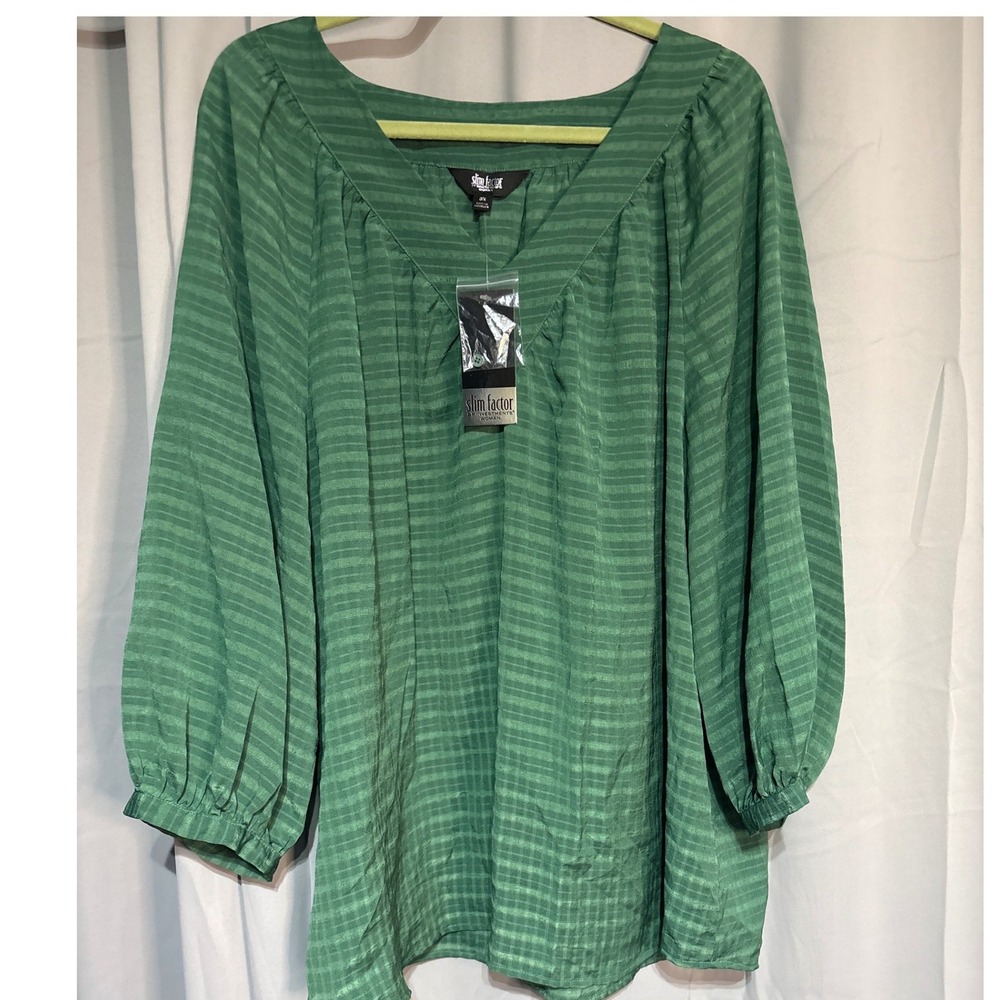 Slim Factor by Investments Green Striped V-Neck Balloon Sleeve Blouse 3X NEW - Picture 1 of 7